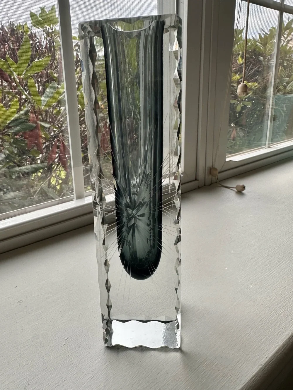 Gorgeous Cut Crystal Tall Flower Vase w/ Star Detail & Grey Accent Inside